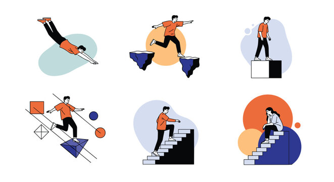 Stylized illustrations of people performing various physical actions like jumping, climbing stairs, and sitting on geometric blocks for concepts.
