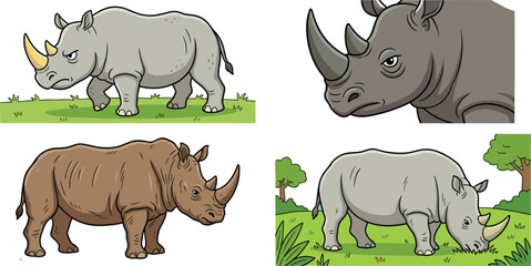 Cartoon rhinoceros character illustration set featuring different realistic poses and expressions in natural savanna landscape backgrounds © MstNajma
