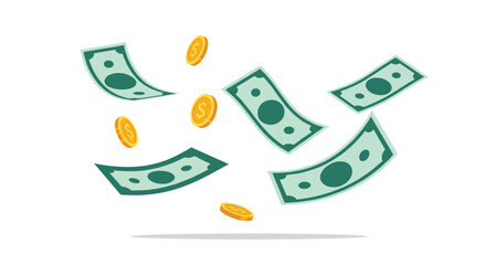 Fototapeta premium Dynamic illustration of several green dollar bills and gold coins falling or floating through the air against a plain white background.