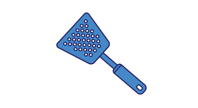 Simple and clean illustration of a blue plastic fly swatter with a square perforated head and a long handle against a white background.