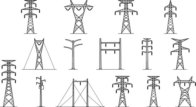 Large collection of black high voltage electric pylon and power transmission tower icons isolated on a white background