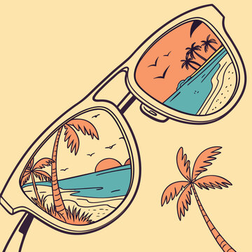 Retro sunglasses, tropical beach, palm trees, summer vacation, vector illustration