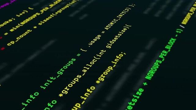 Macro close up view of scrolling green and red programming source code on digital screen for software engineering.