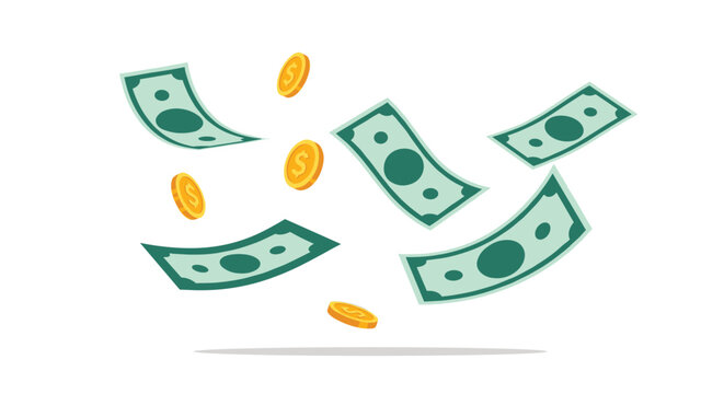 Dynamic illustration of several green dollar bills and gold coins falling or floating through the air against a plain white background.