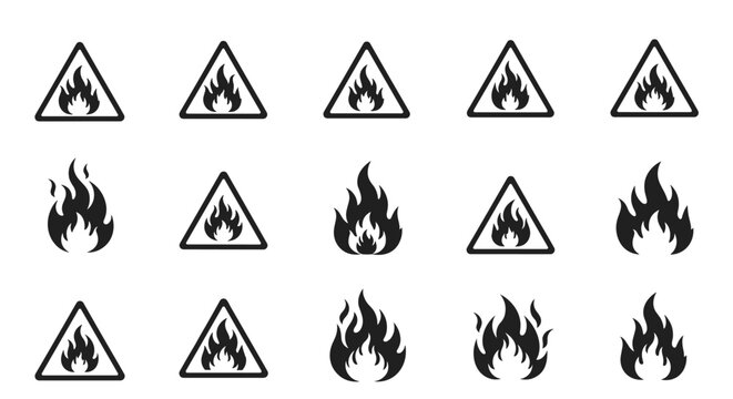 Set of black and white icons representing various flame shapes and fire warning signs inside triangles for hazard and safety messaging.