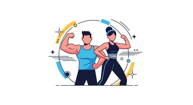 Stylized illustration of a fit man and woman in athletic wear proudly showing their strong arm muscles after a successful workout.