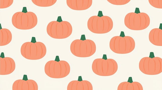 Soft seamless repeat pattern with minimalist flat styled pastel orange pumpkins and pale green short thick stems scattered across solid off-white base, ideal for autumn seasonal textile