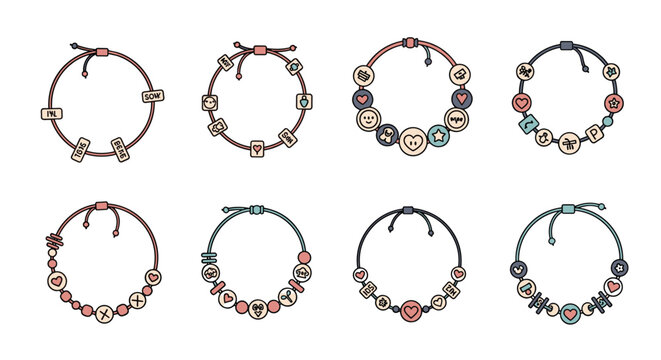Collection of colorful charm bracelet designs with various decorative beads and symbols for jewelry making and accessory inspiration.