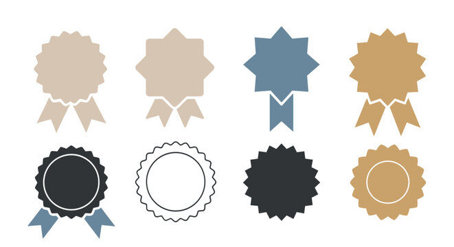 Set of award rosettes and ribbon badges in muted tones used for certification, victory, quality assurance, and achievement symbols.