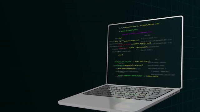 Side view of laptop computer processing big data security encryption scripts and automated software development codes.