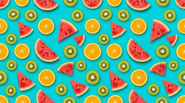 Kiwi orange and watermelon in green background tile wallpaper 