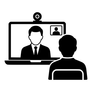 Video Call Interview on Laptop with Webcam, Black Vector Icon for Online Job Interview and Remote Hiring