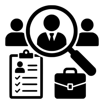 Magnifier Selecting Candidate with Resume and Briefcase, Black Vector Icon for Recruitment and Talent Acquisition