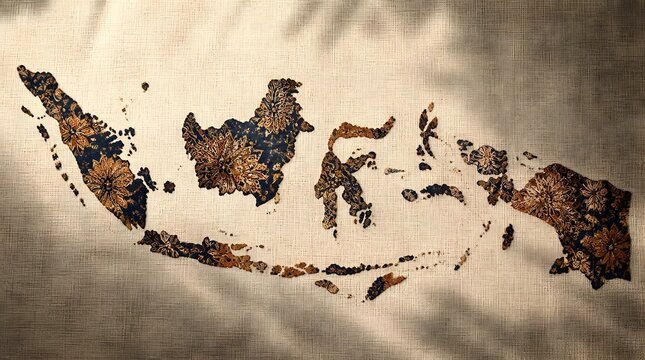 Map of Indonesia with traditional batik pattern on textured background.