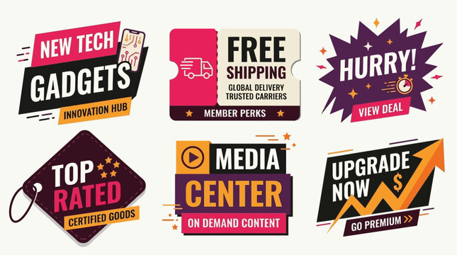 Stylish vector badge collection for diverse promotional and service offerings, showcasing contemporary designs for technology, shipping, quality, and engagement