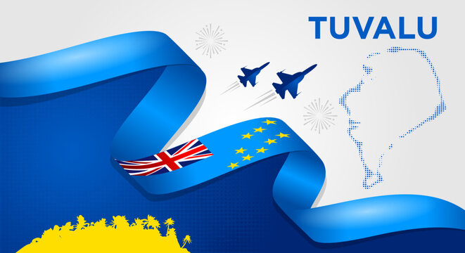 Tuvalu National Day Background with Waving Flag Ribbon, Tuvalu Map and Skyline Vector Illustration