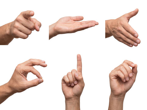 Assortment of diverse male hand gestures. Close-up of strong hands in various poses expressing direction and agreement.