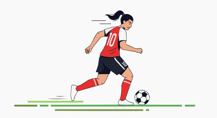 Fototapeta premium Action-packed scene of a female athlete kicking a ball during a world football tournament match on a green field with motion lines.