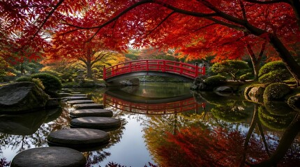 Fototapeta premium Traditional Japanese garden in autumn with red bridge and stepping stones reflecting in pond.