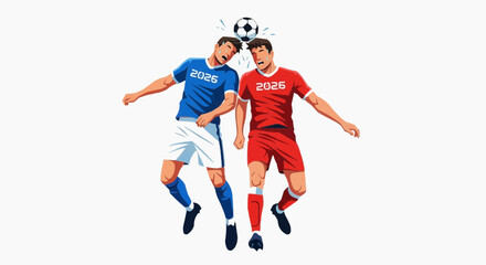 Obraz premium Celebrating World Music Day with a dynamic illustration of two soccer players in action, kicking a ball in mid-air on a sunny field.