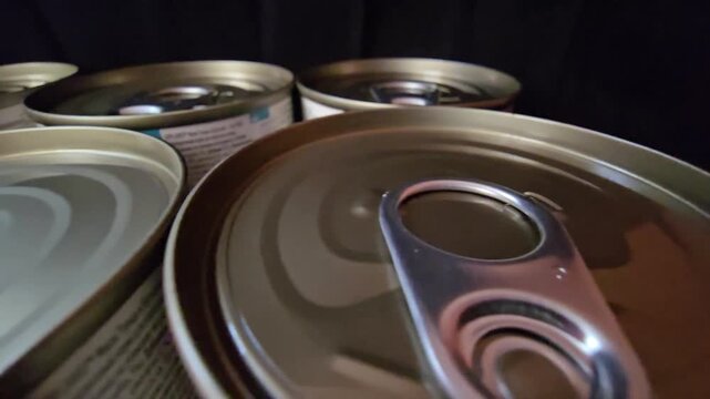Macro shot of a metal tin can lid with an easy-open ring pull, highlighting food packaging and emergency storage.