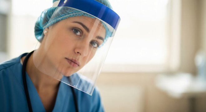 Tired nurse wearing face shield with medical scrubs in hospital setting, uncertain expression reflects challenging times in healthcare.