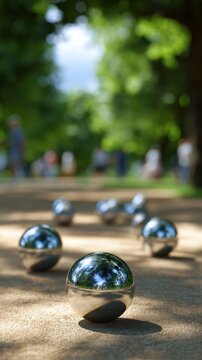 Shiny metallic balls used for petanque resting on a sandy court with blurred green trees and players in the background on a sunny day outdoors