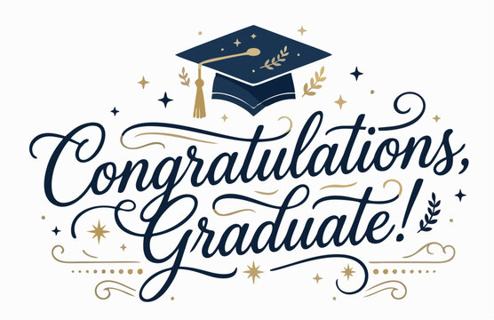 Congratulations Graduate Elegant Calligraphy Script with Navy Blue Mortarboard Cap, Gold Laurel and Star Ornaments, Premium Graduation Greeting Card Design