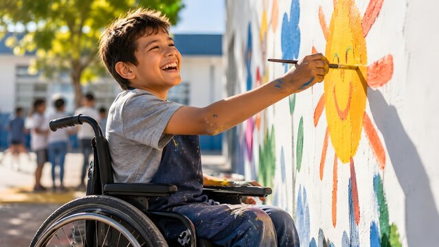 Joyful boy in wheelchair happily painting a colorful mural outdoors