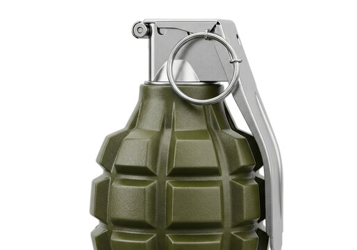 Close up of a standard military fragmentation grenade with safety pin intact and ready for use