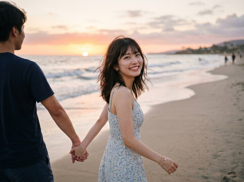 夕暮れ時の砂浜で男性と手をつなぎ振り返りながら満面の笑みを浮かべる女性
