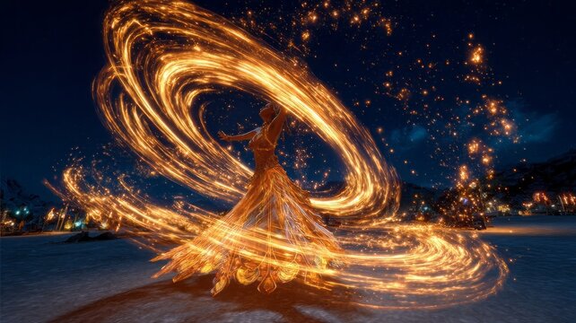 Spinning fire performer creating a circle of light using burning tools at night. Fire dancing routine using specialized tools to create light trails.