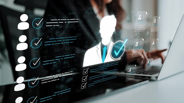 Professional businessperson conducting an online evaluation process with digital checkmarks and profile icons on a laptop screen in a modern office Sigmoid