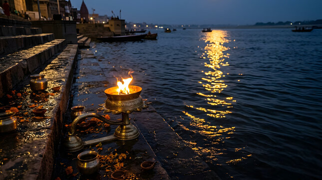 Ganga dussehra ritual lamp burning on the stone ghats at twilight
