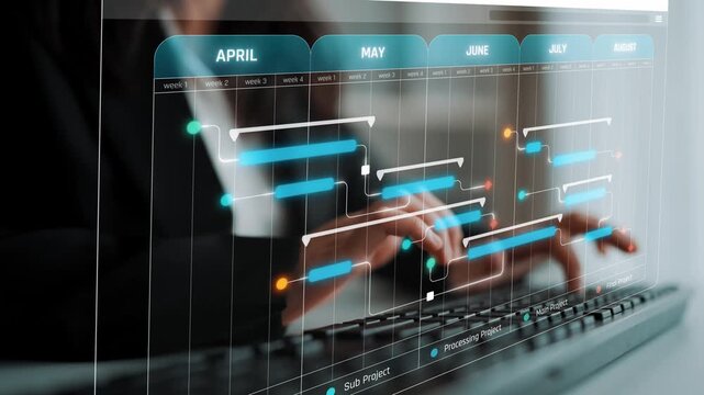 Business professional working on project management software displaying timelines and schedules on a transparent screen in a modern office environment Sigmoid