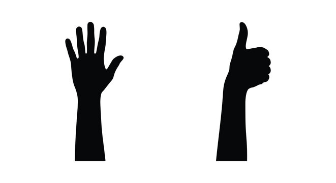 Two human hands in gesture silhouettes one open palm and one thumbs up silhouette hand