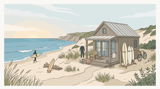 Beach surf shack with surfboards and ocean view.