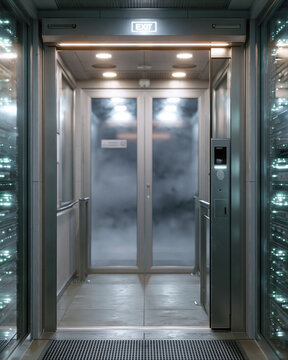 Modern elevator interior with metallic finishes and glass doors. Foggy glass obscures view beyond the doors. Even lighting highlights polished floor and walls. Control panel stands beside the entrance