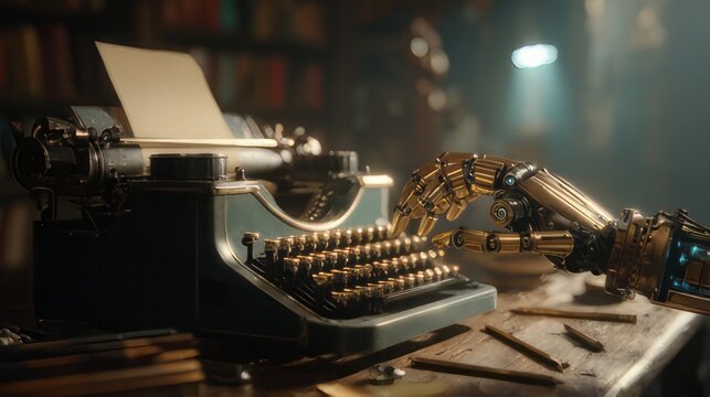 Metallic robot hand typing on a vintage, weathered typewriter. Robot typist intersection of advanced technology and old-fashioned machinery.