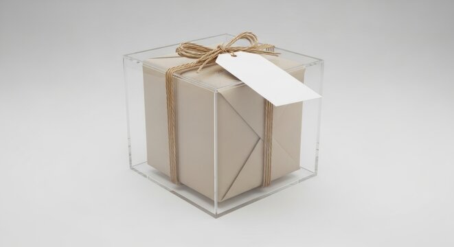 Minimalist Beige Gift Encased in a Clear Acrylic Box with Twine and Tag