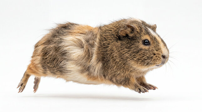 Cavia Porcellus Pet Guinea Pig Leaping in Mid-Air Isolated on White Background, High-Speed Action Shot of Abyssinian Guinea Pig Jumping