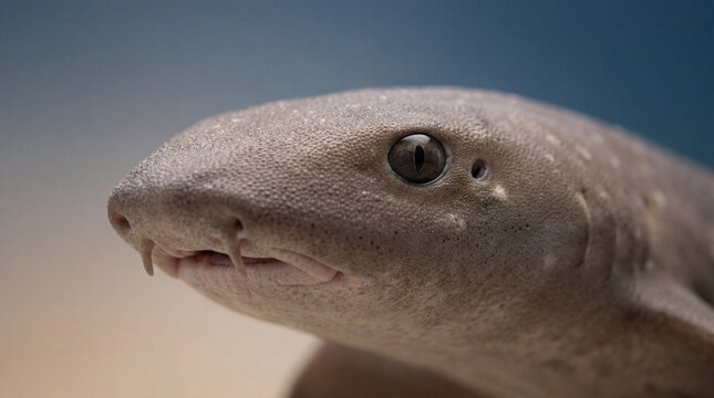Macro Close-Up of a Nurse Shark Head Highlighting Skin Texture, Eye Detail, and Nasal Barbels in Deep Blue Underwater Environment