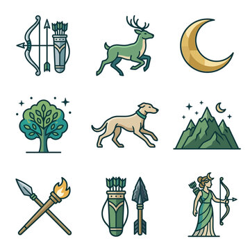 Greek Goddess Artemis Mythology Symbols Vector Icon Set