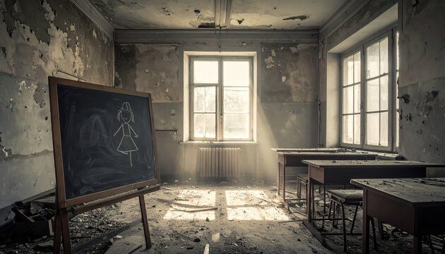 An abandoned school classroom with a dusty chalkboard and child's drawing, illuminated by sunlight through a window.