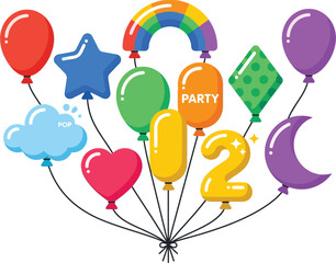 Naklejka premium Colorful Foil Balloons Bouquet with Fun Shapes and Rainbow