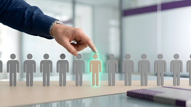 HR recruitment strategy and talent identification concept with businessman hand pointing at standout glowing candidate in a lineup