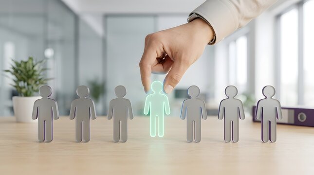 HR recruitment and talent acquisition concept with hand selecting glowing standout candidate from a row of gray figures