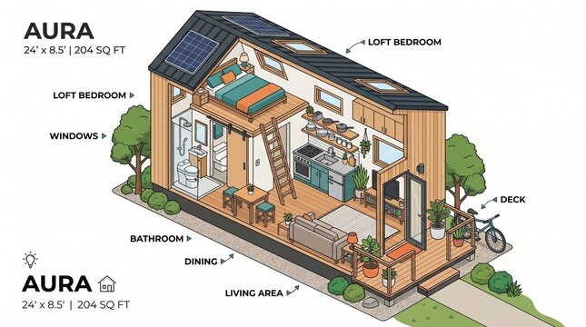 Tiny house "Aura" 24x8.5ft, 204 sq ft. Loft bedroom, living area, kitchen, dining, bathroom, deck. Has solar panels and big windows. Compact modern design.