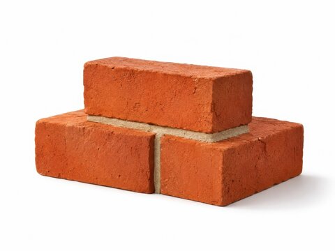 Three red bricks arranged as a small masonry corner sample with clean pale mortar lines between them construction element detail and building material concept precise geometric arrangement