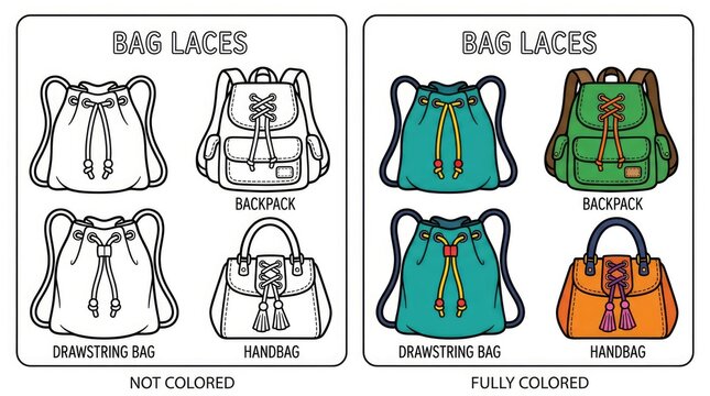 Collection of Backpacks Drawstring Bags and Handbags Outlined and Colored.